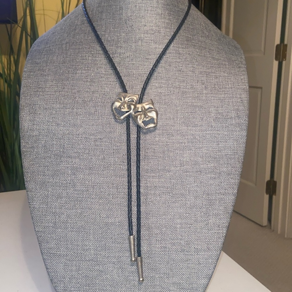 Vintage Silver Happy/Sad Masks on a Black Leather Bolo Tie